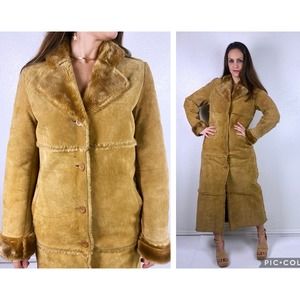 vintage 90s Tan Faux SHEARLING Fur MAXI COAT Small teddy bear suede leather